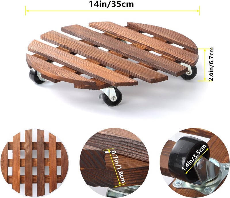 PRAQECZ 2 Pack 14" Plant Caddy with 5 Wheels, Rolling Plant Stand 220 LB Heavy Duty Wooden Round Plant Dolly with Metal 360° Lockable Caster Wheels for Outdoor Indoor Large Plant Pots, Flower Pot, Patio - Image 4